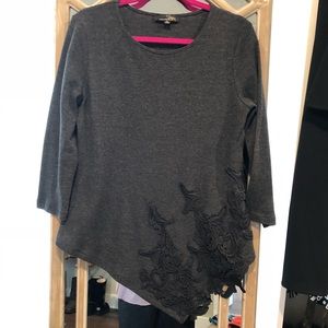 Gray Woven Knit and Lace Top